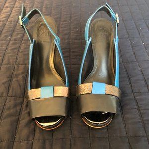 EUC - Tory Burch Blue Patent Metallic Pumps/Heels
